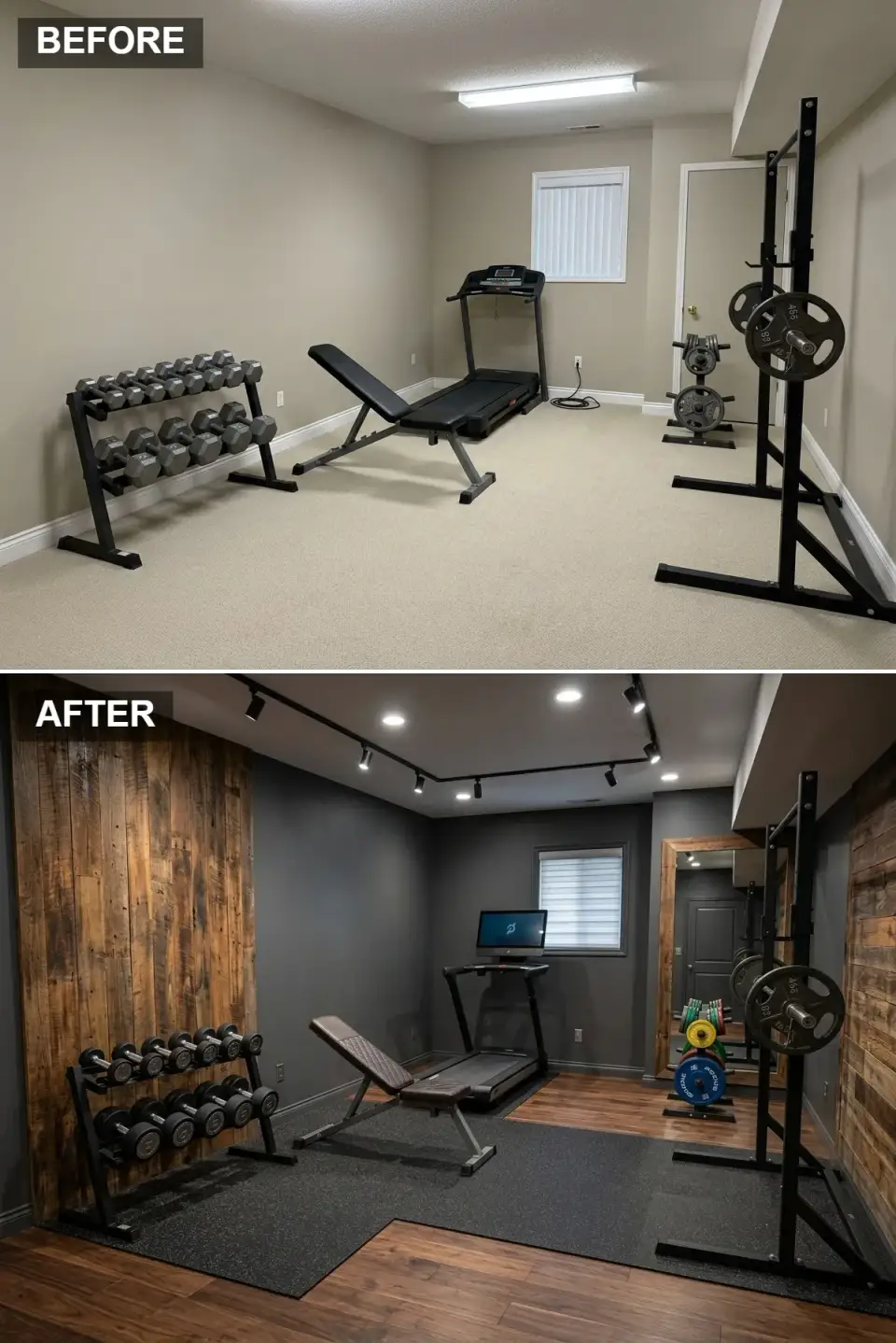 Moody industrial basement home gym with deep charcoal walls, vertical reclaimed wood plank feature wall, dark wood laminate and black rubber flooring, black industrial track lighting, and a large rustic wood-framed leaning mirror
