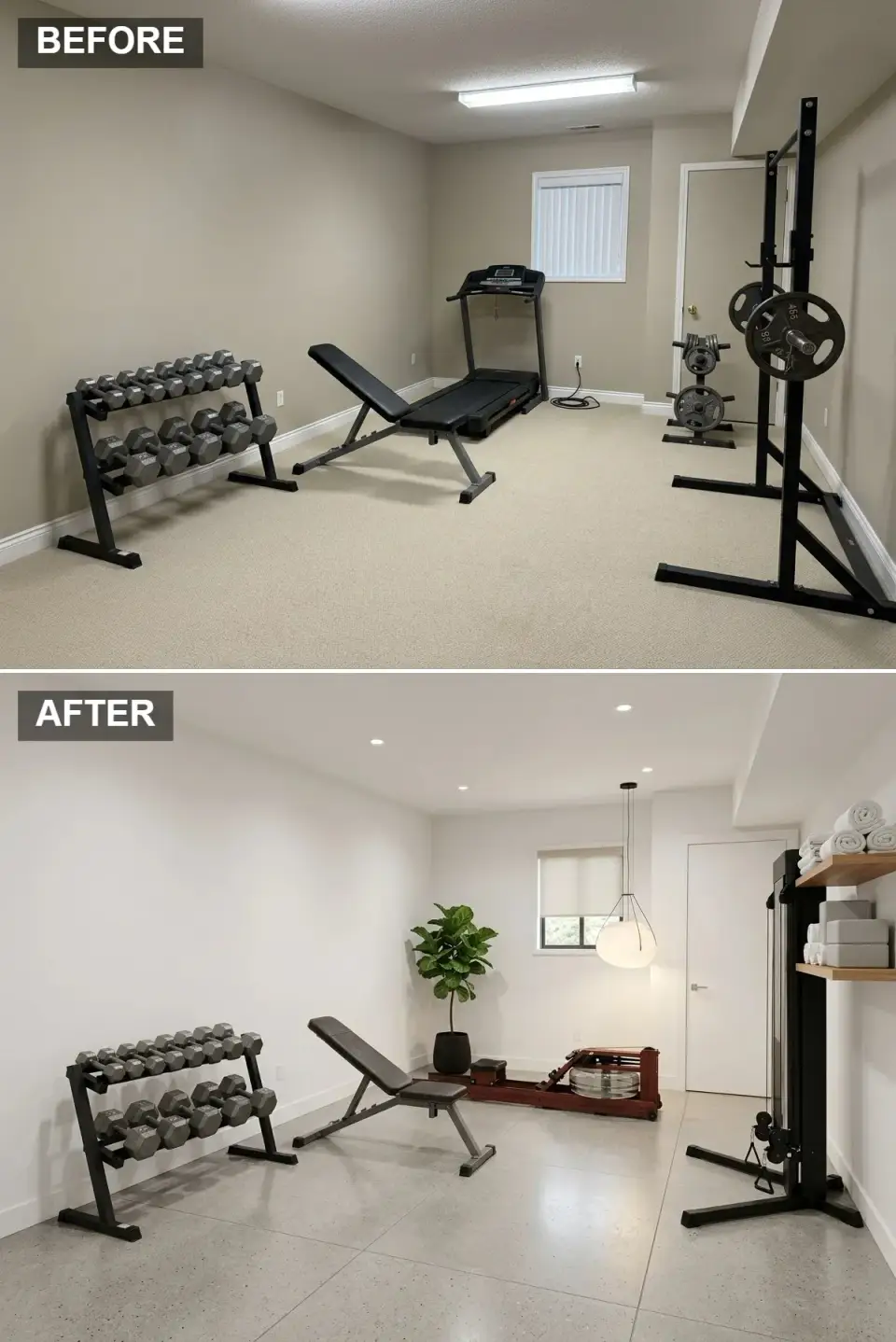 Minimalist Scandinavian home gym with stark white walls, grey terrazzo large-format floor tiles, a single sculptural matte black and white pendant, light oak open shelving, and a large statement plant