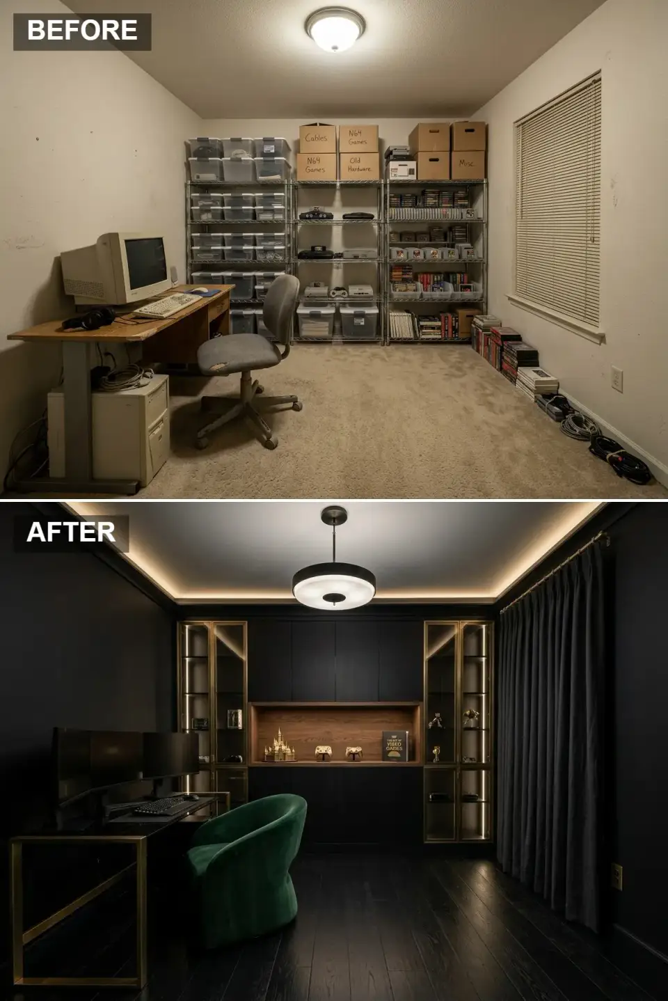 Dark luxury gaming den with matte black built ins brass trim glass vitrines emerald velvet chair and walnut display niche