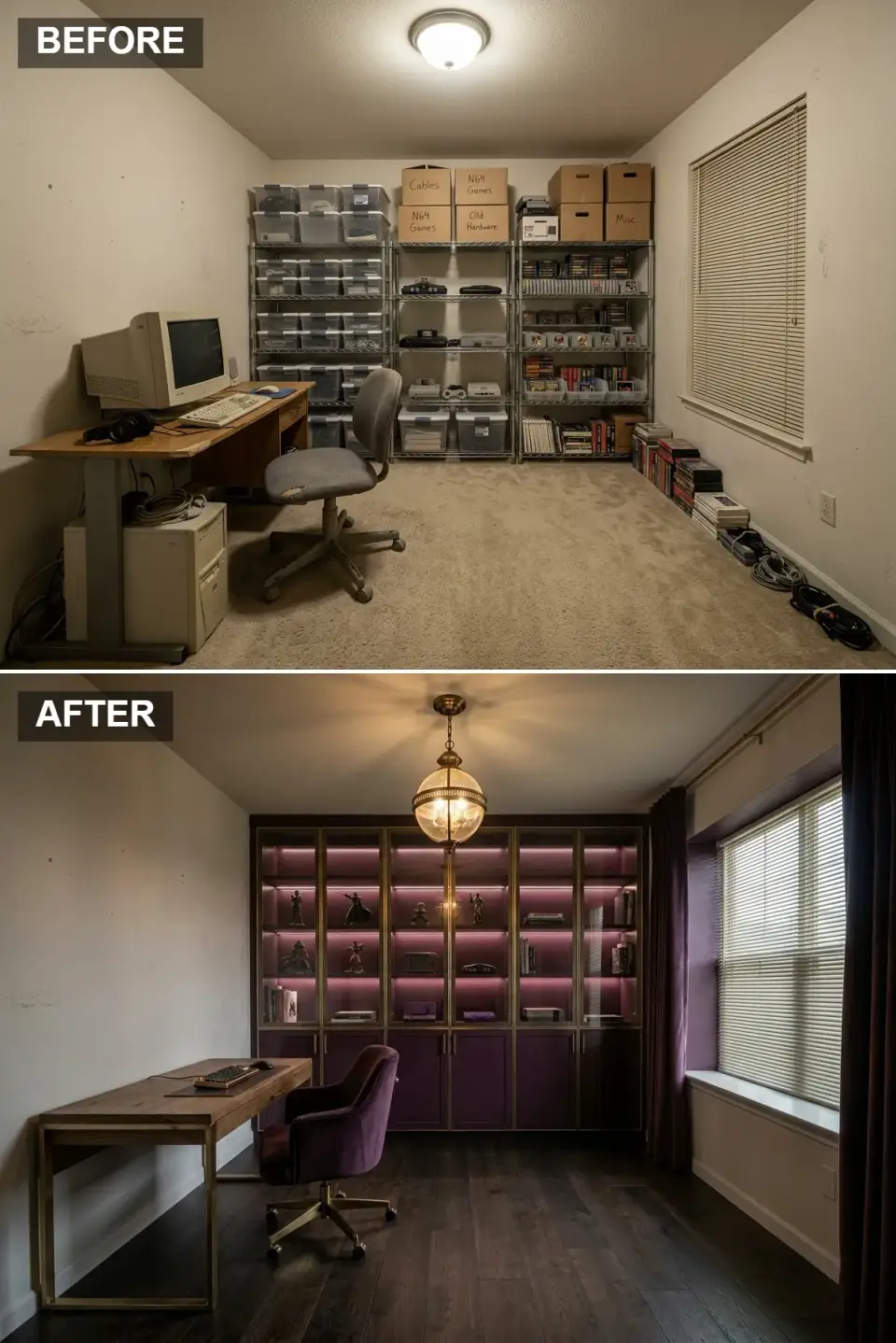 Theatrical purple game room with plum cabinetry amethyst LED backlighting walnut desk brass legs purple velvet chair and brass globe pendant