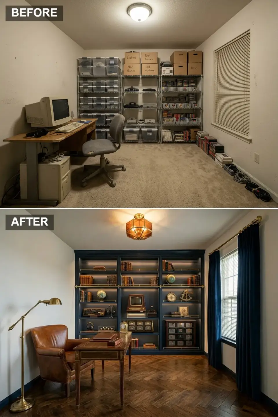 Dark academia game room with deep navy built in library brass rails mahogany writing desk cognac leather wingback and amber glass ceiling fixture