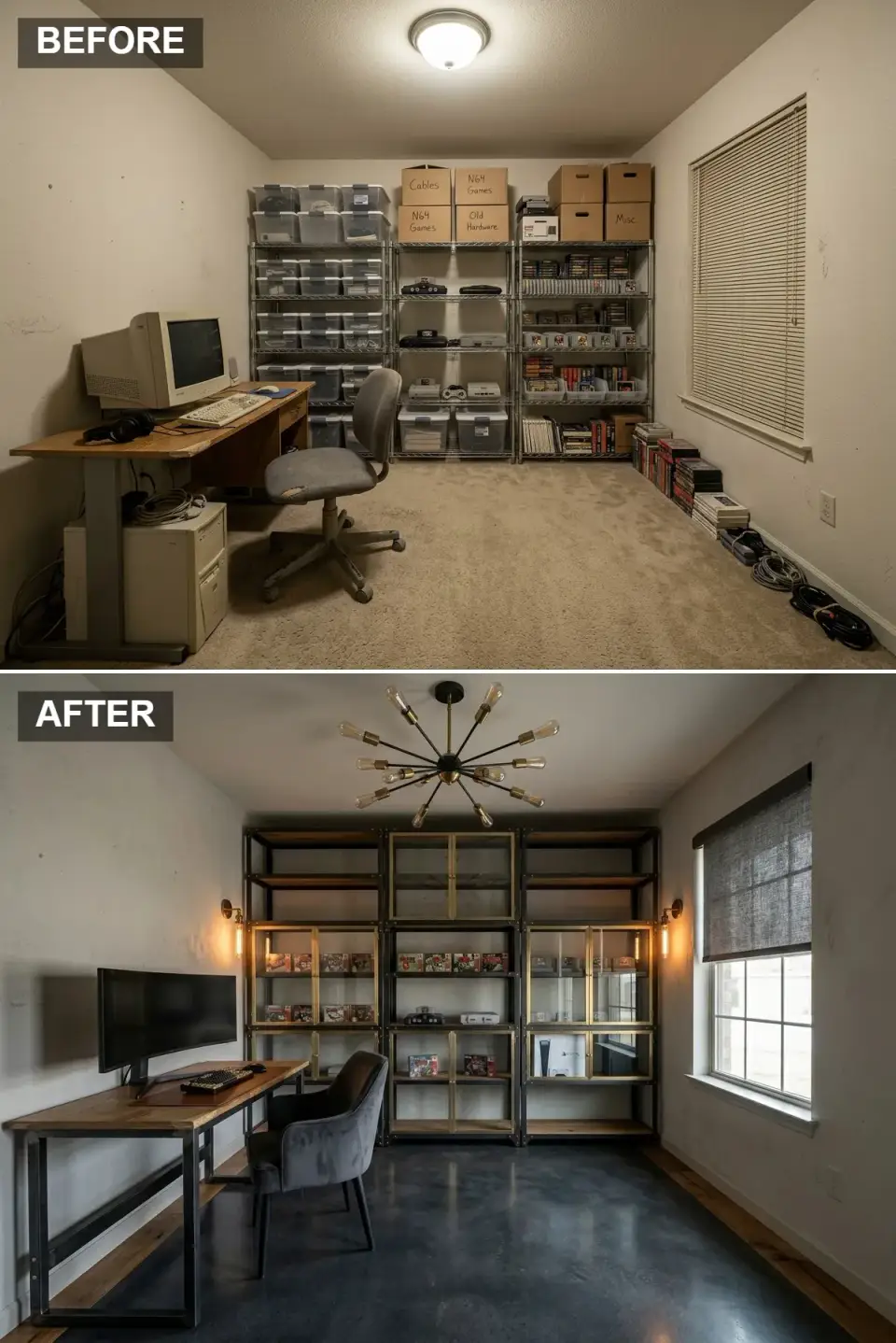 Industrial loft game room with polished concrete floor Edison bulb sputnik chandelier black iron and reclaimed wood shelving and pipe frame desk