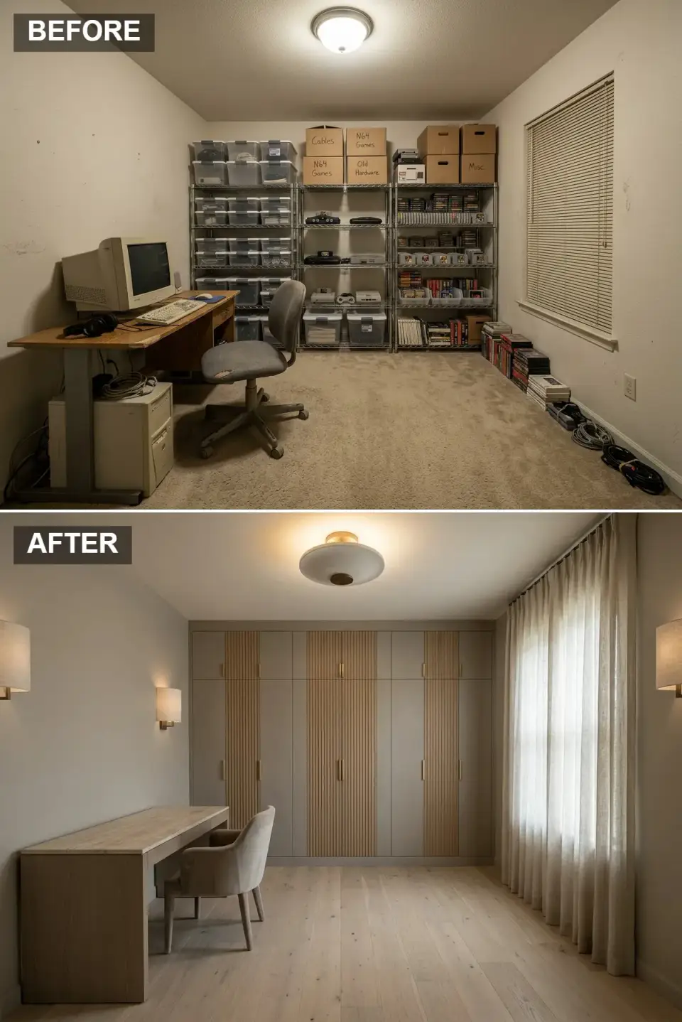 Japandi minimalist gaming room with bleached birch flooring greige built in cabinets fluted oak panels and sheer ivory curtains