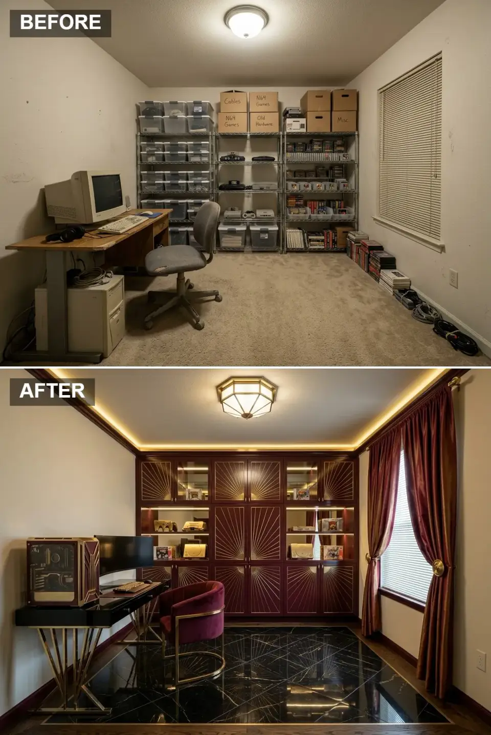 Art Deco game room with burgundy built ins gold sunburst inlays black marble floor barrel chair and faceted ceiling fixture