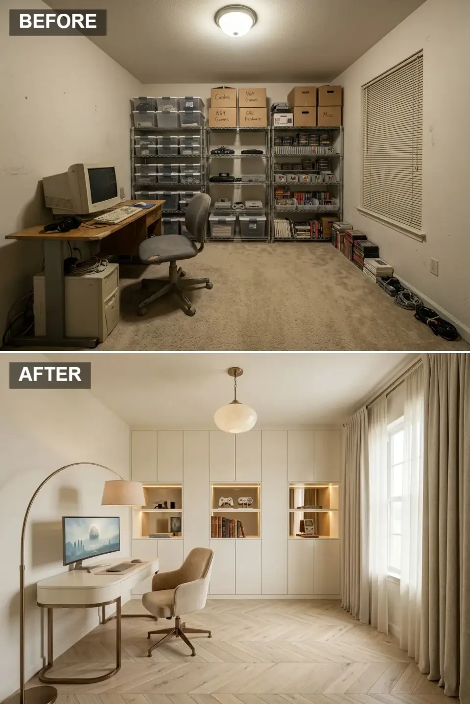 Ivory contemporary game room with chevron oak floor curved white desk taupe swivel chair brass arc lamp and globe pendant