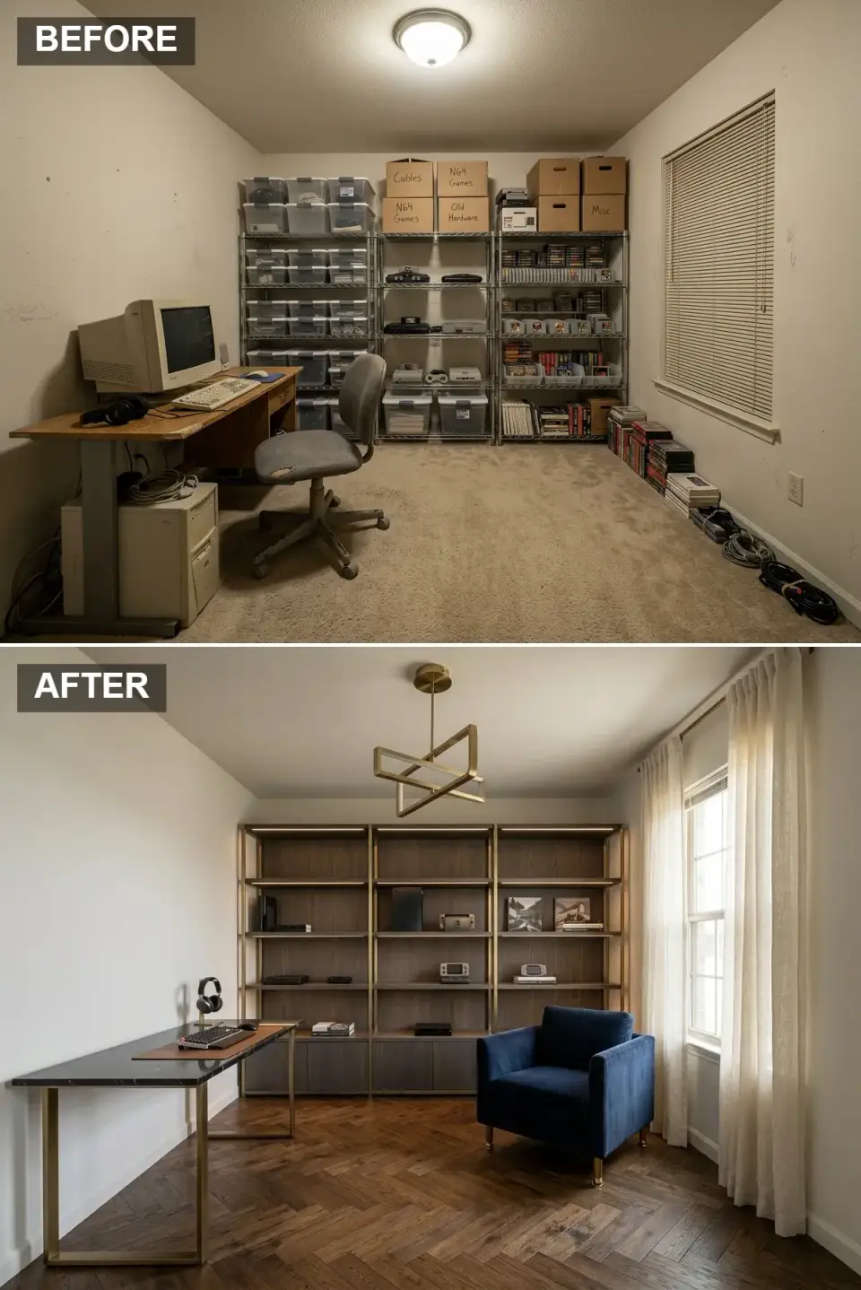 Executive style game room with herringbone walnut floor dark wood brass shelves black marble desk navy velvet armchair and geometric brass chandelier