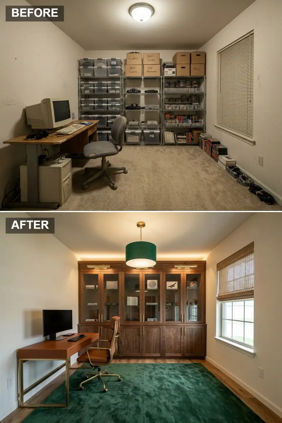 Traditional study style game room with walnut hutch glass cabinets cognac leather campaign desk emerald green rug and green linen pendant
