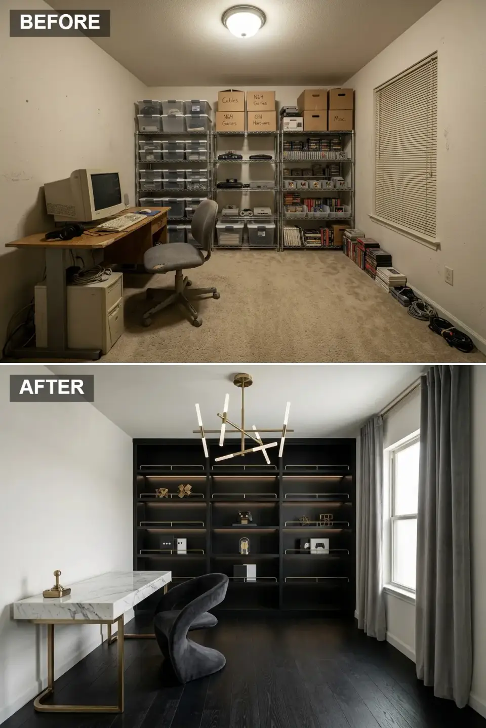 Monochrome game room with black built in shelving wall white Calacatta marble desk sputnik chandelier and dark espresso oak floor