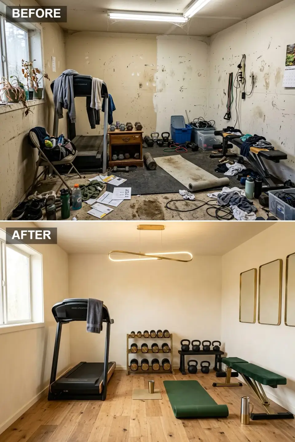 Garage to home gym before and after styled with brass and emerald green luxe details