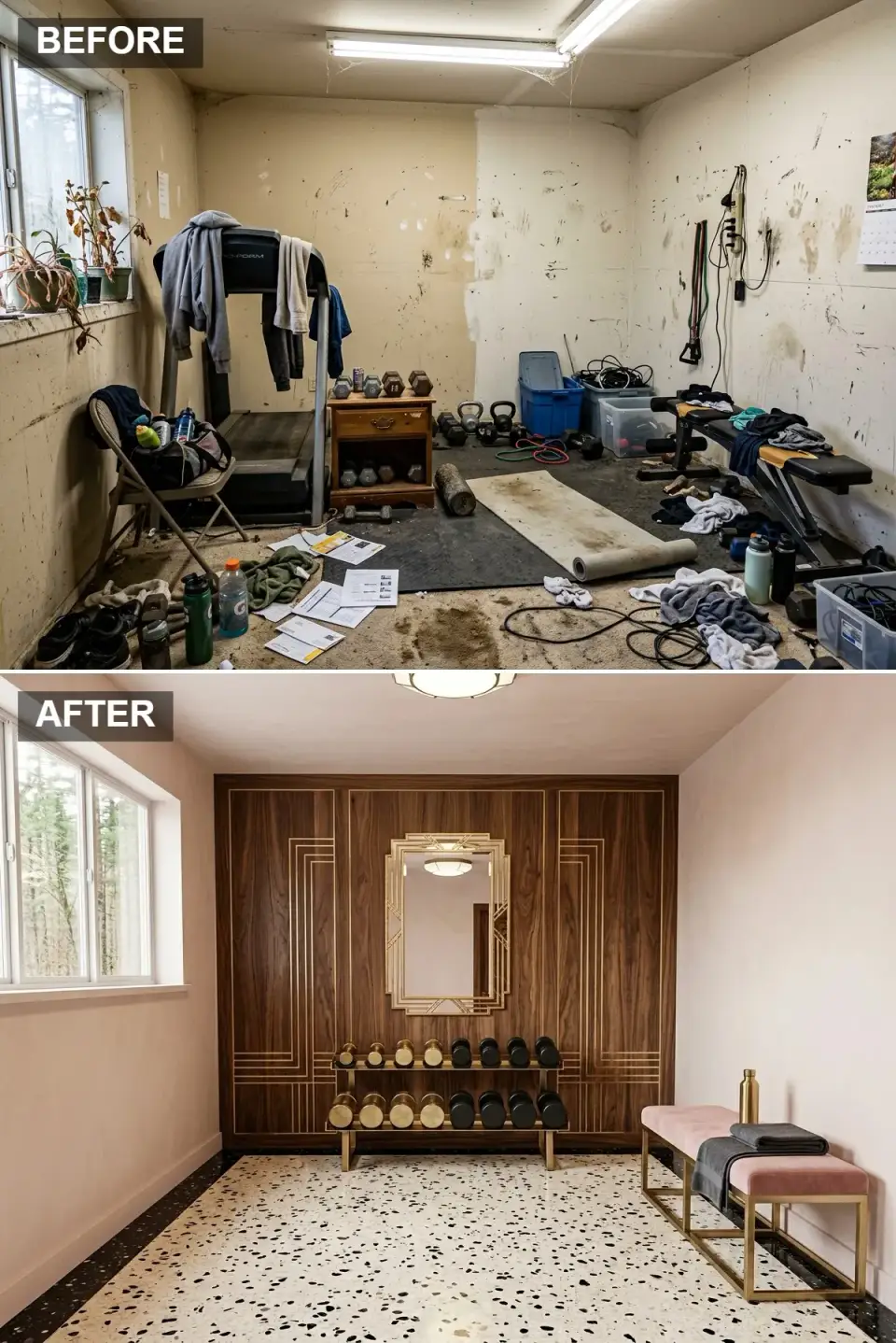 Art Deco glamour home gym before and after with terrazzo floor and blush pink walls