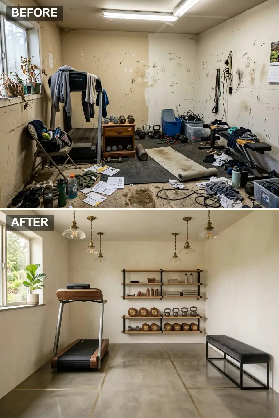 Industrial loft home gym before and after with polished concrete and open oak shelving