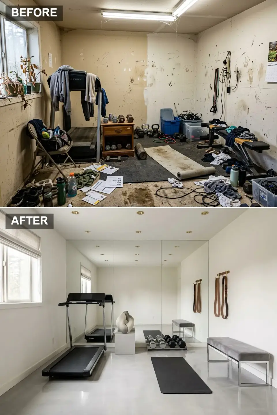 Gallery modern monochrome home gym before and after with mirror wall and microcement floor