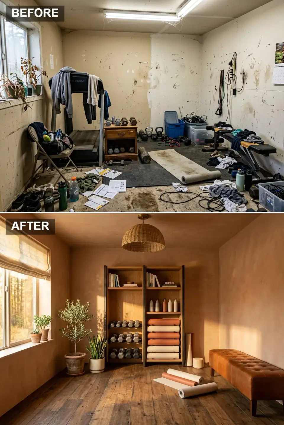 Earth-tone garage yoga retreat before and after with terracotta walls and oak shelving