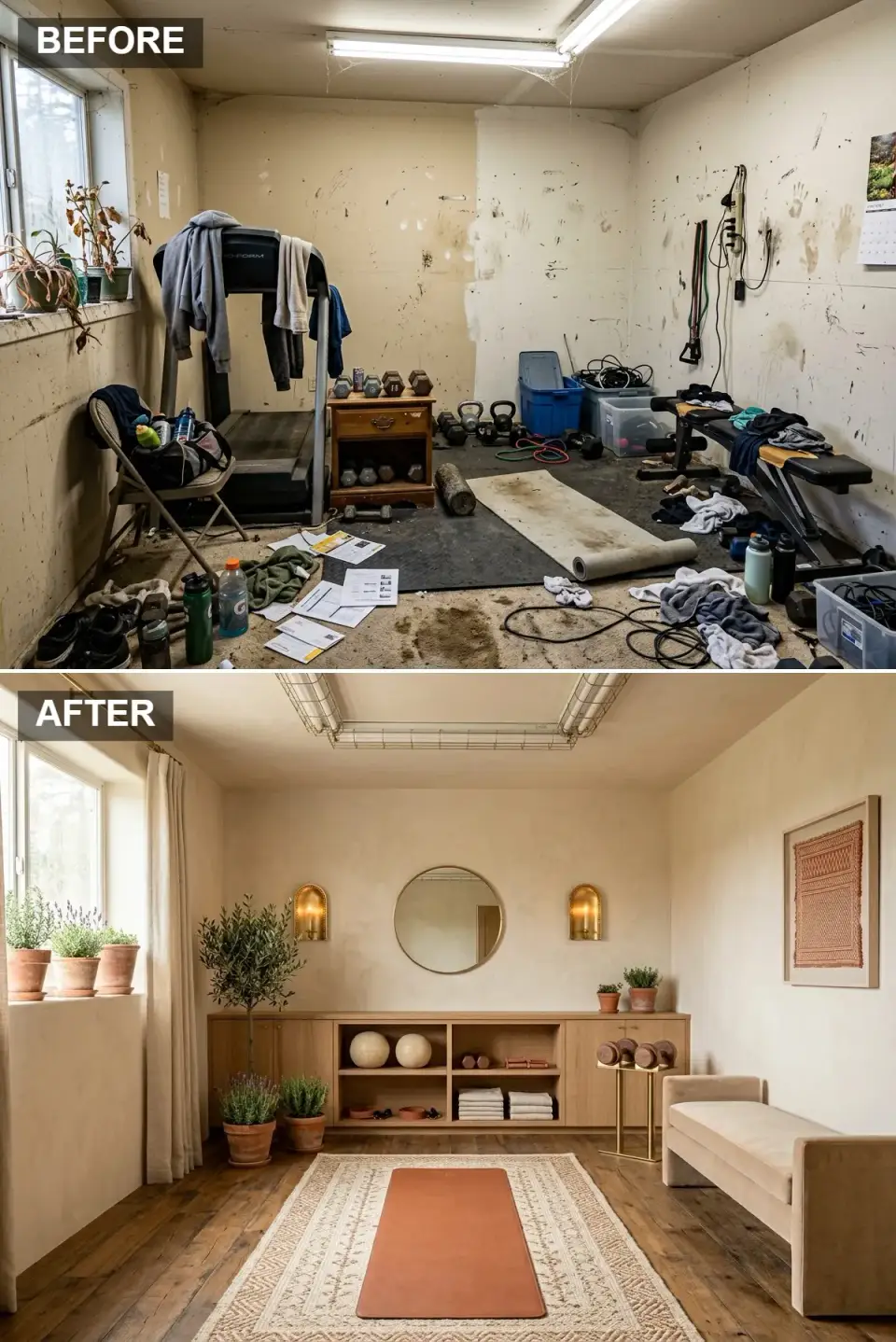 Mediterranean sun-washed home gym before and after with limewash walls and white oak cabinetry