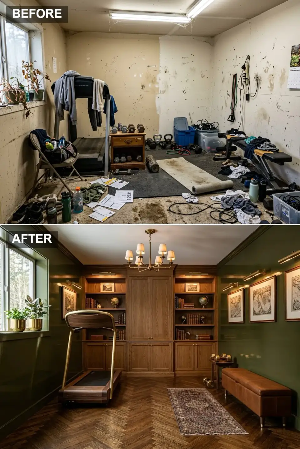 Moody library home gym before and after with forest green walls and walnut bookcase