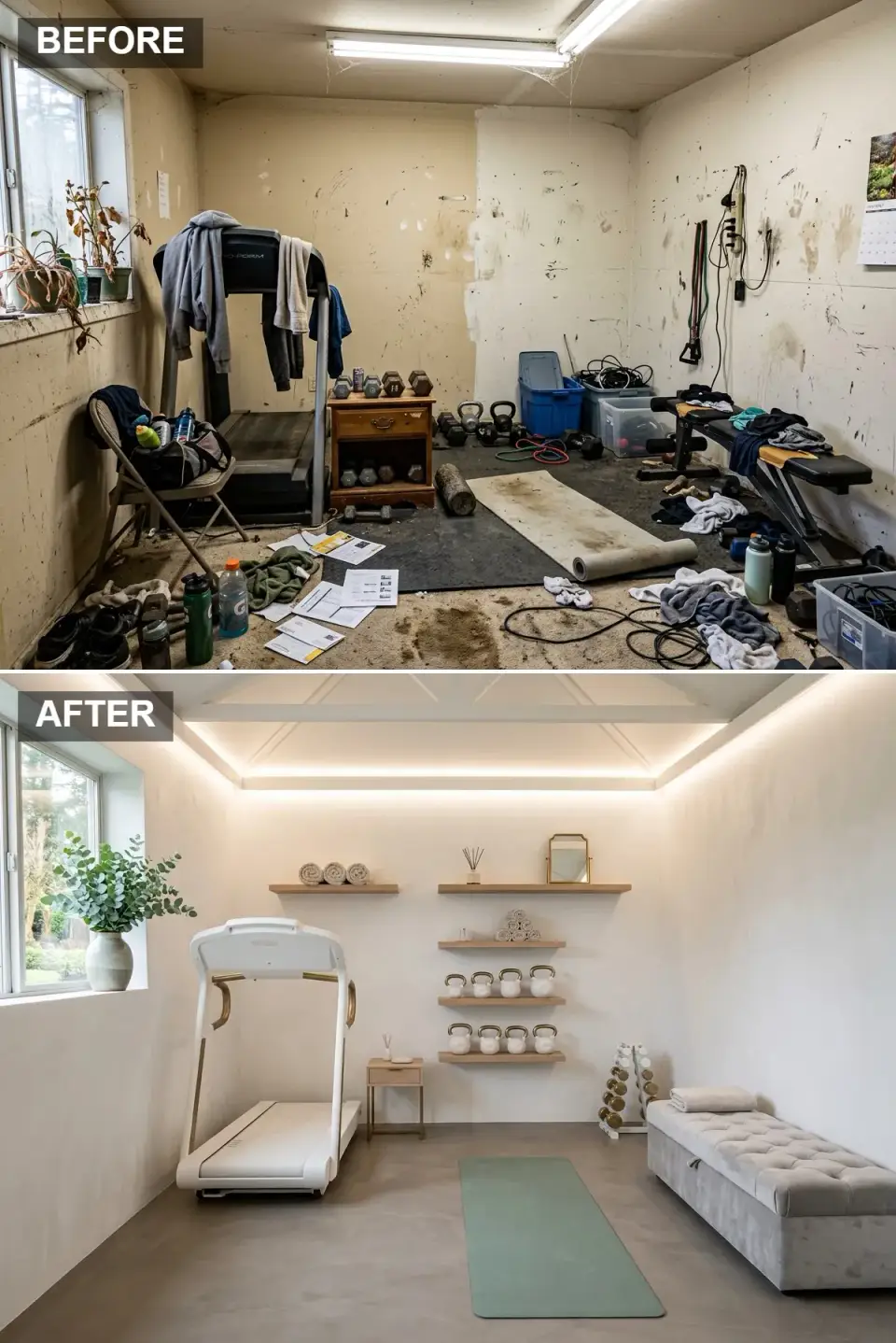 All-white spa home gym before and after with polished concrete and floating oak shelves