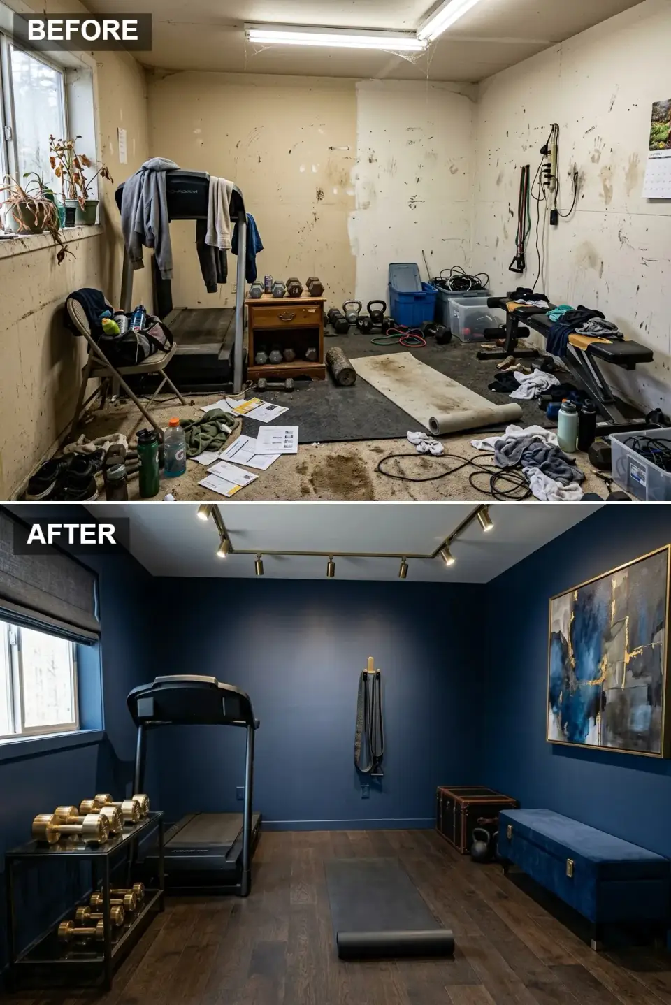 Navy and gold home gym before and after with track lighting and abstract art