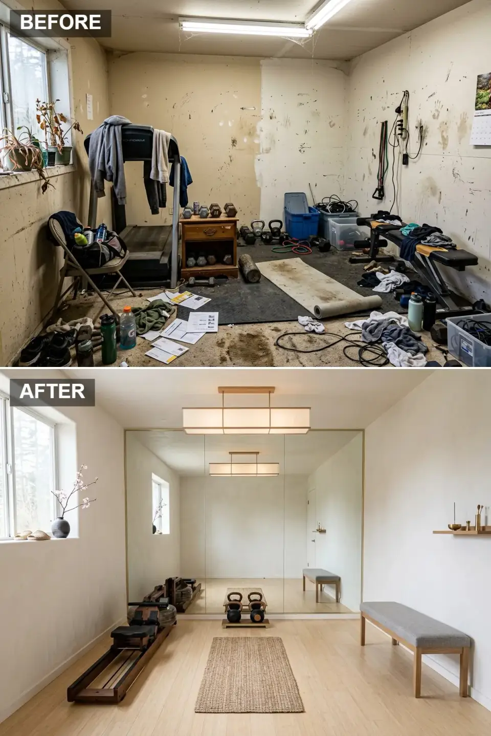 Minimalist Japandi dojo home gym before and after with mirror wall and wood rower