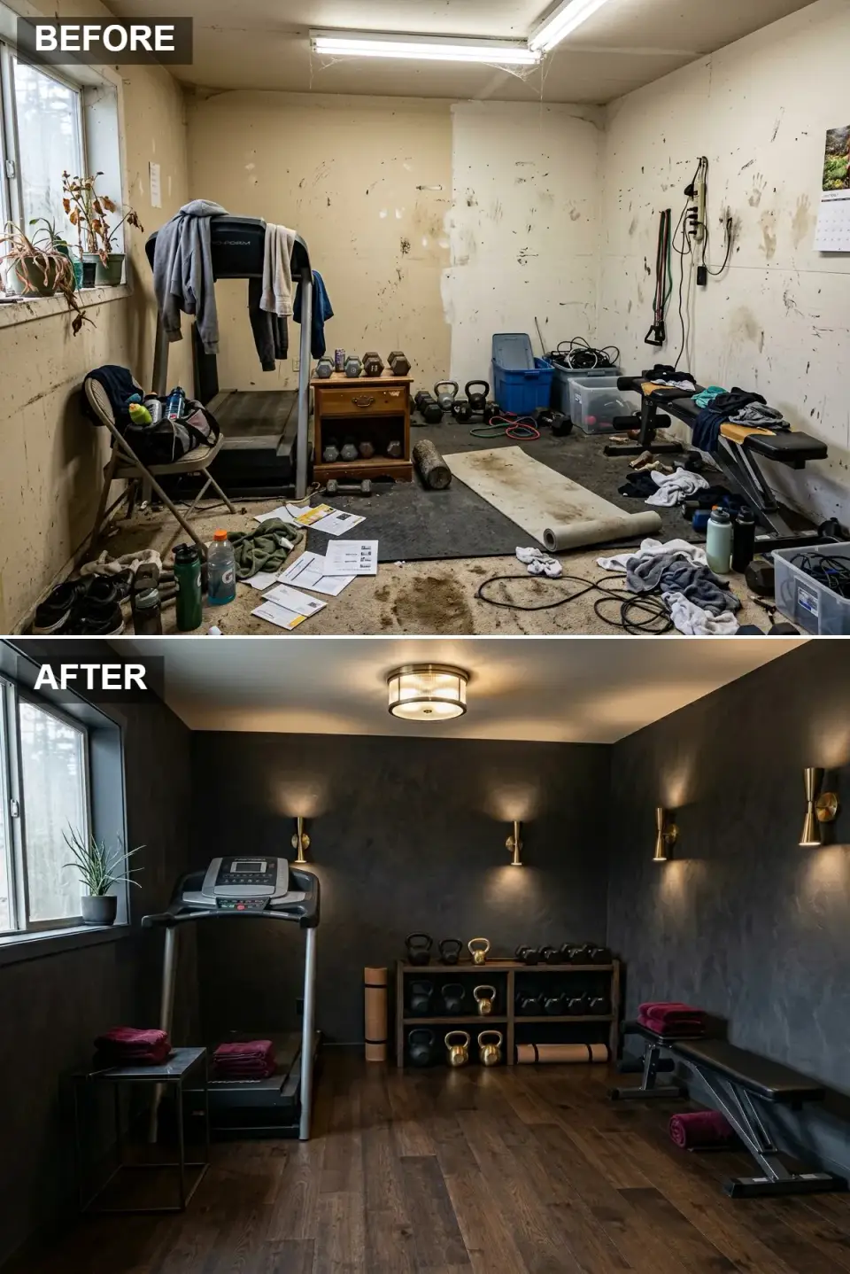 Charcoal and brass home gym before and after with textured plaster and gold sconces