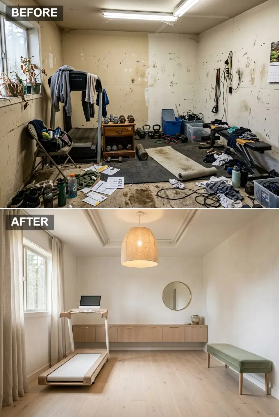 Scandinavian home gym before and after with bleached pine floors and linen pendant