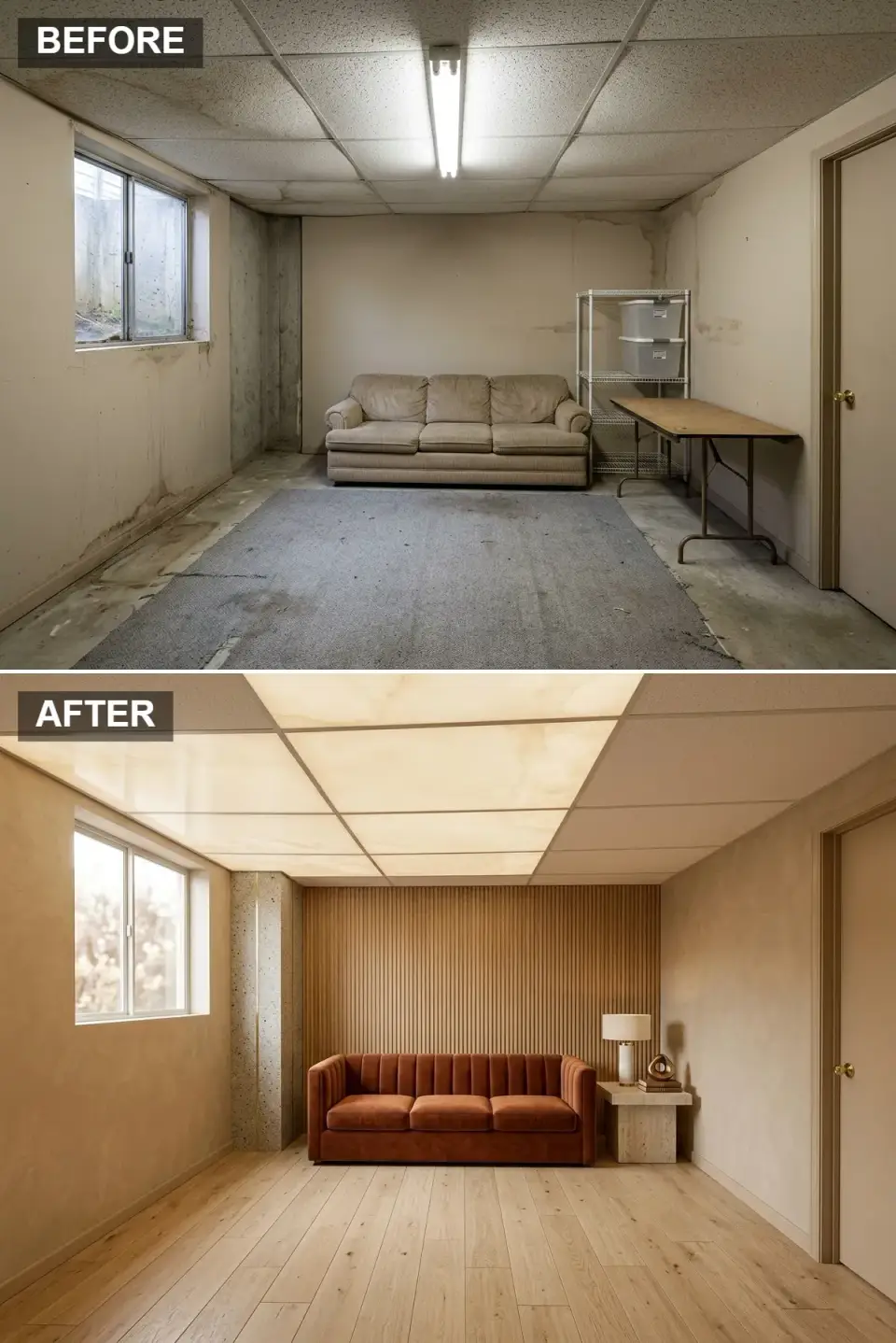 Warm minimalist basement lounge with glowing alabaster ceiling panels and rust velvet sofa