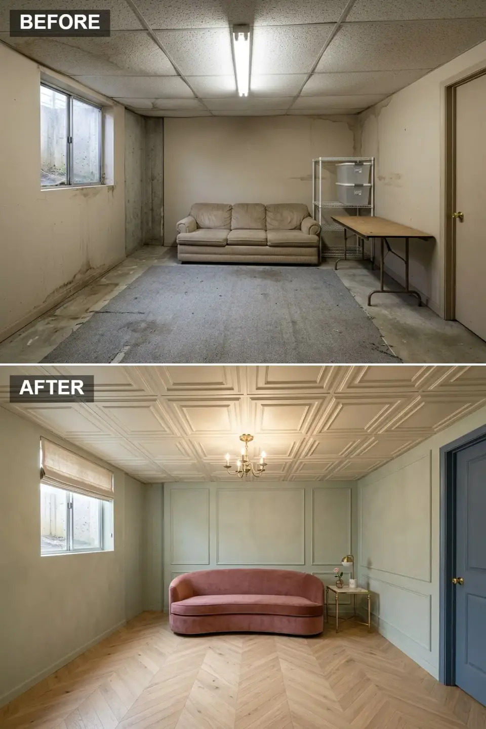 Parisian-style basement with sage coffered ceiling, picture molding and dusty-rose curved velvet sofa