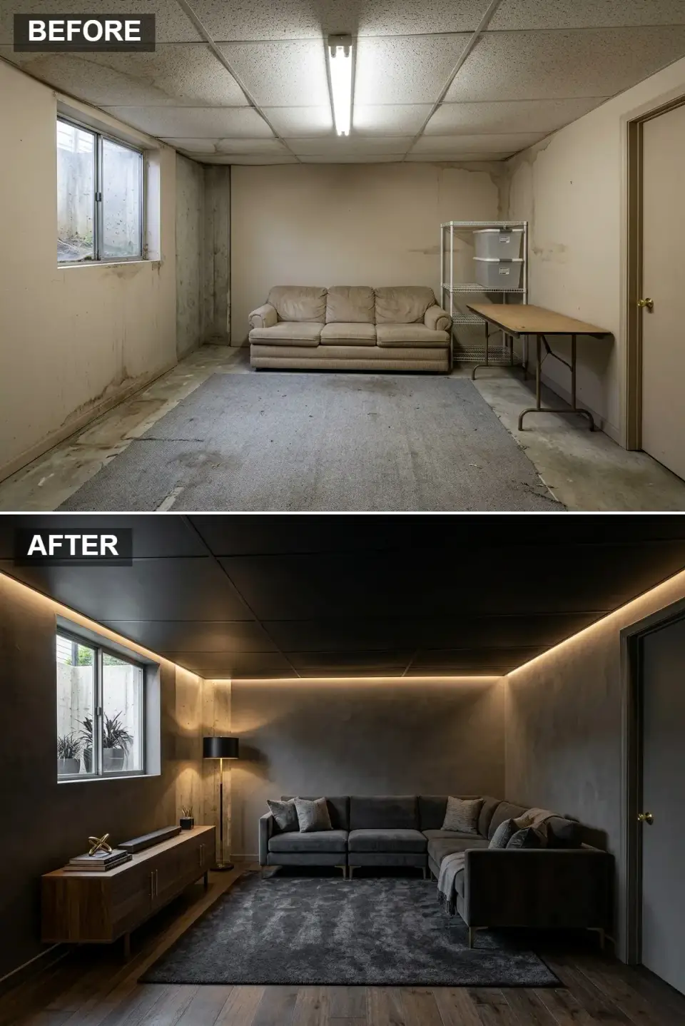 Dark basement cinema lounge with charcoal walls, cove lighting and large gray sectional