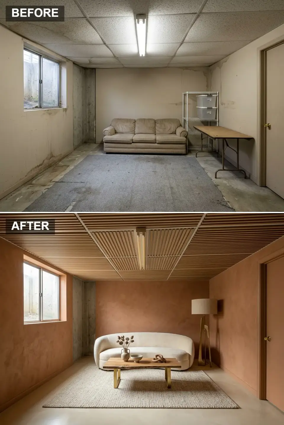 Organic basement haven with terracotta clay plaster walls, wood-slat ceiling and curved boucle sofa