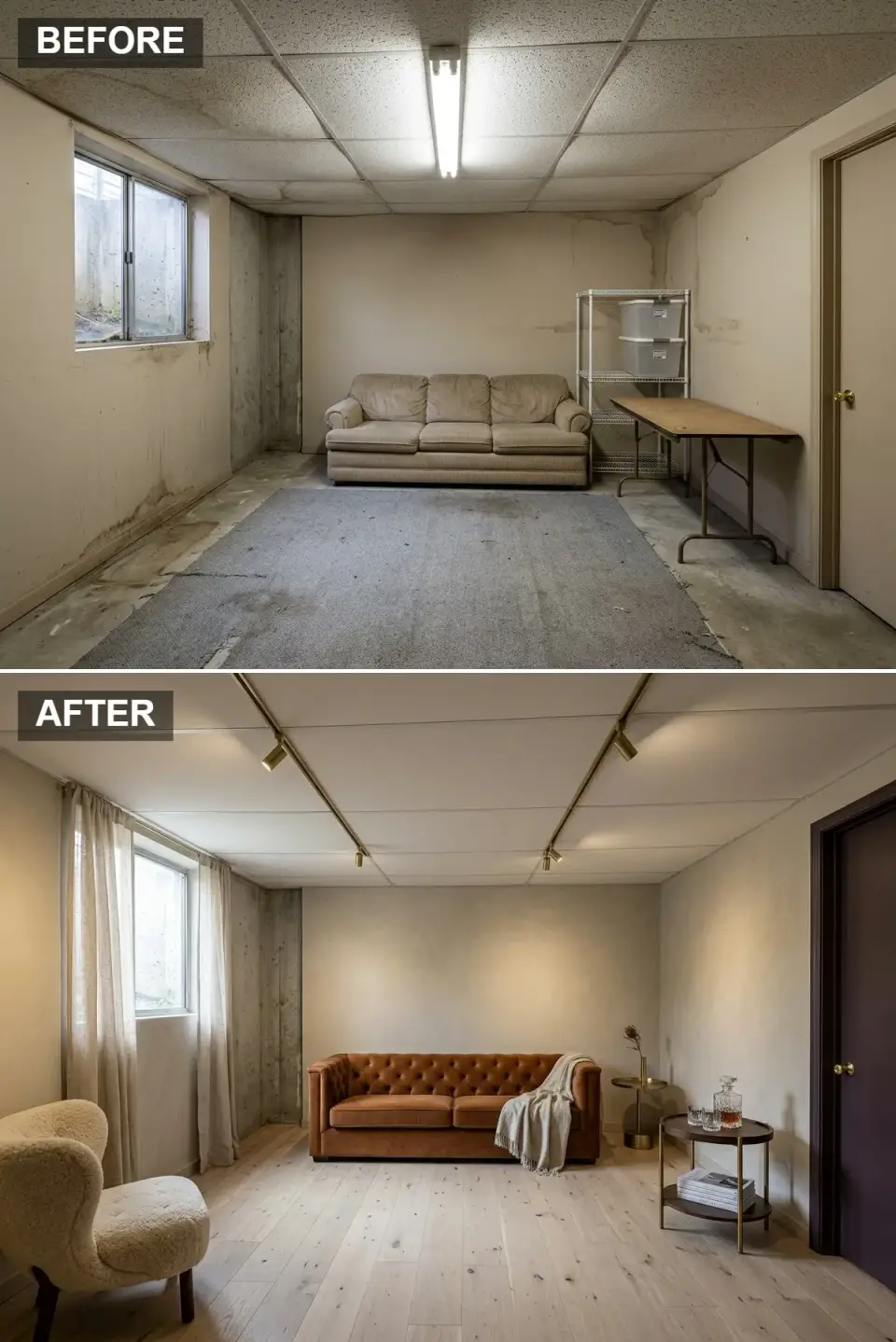 Relaxed basement salon with bleached oak floor, caramel leather Chesterfield and plum door