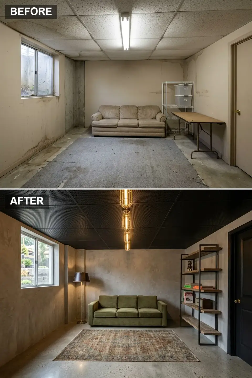 Industrial basement lounge with black ceiling, olive velvet sofa and brass Edison pendants