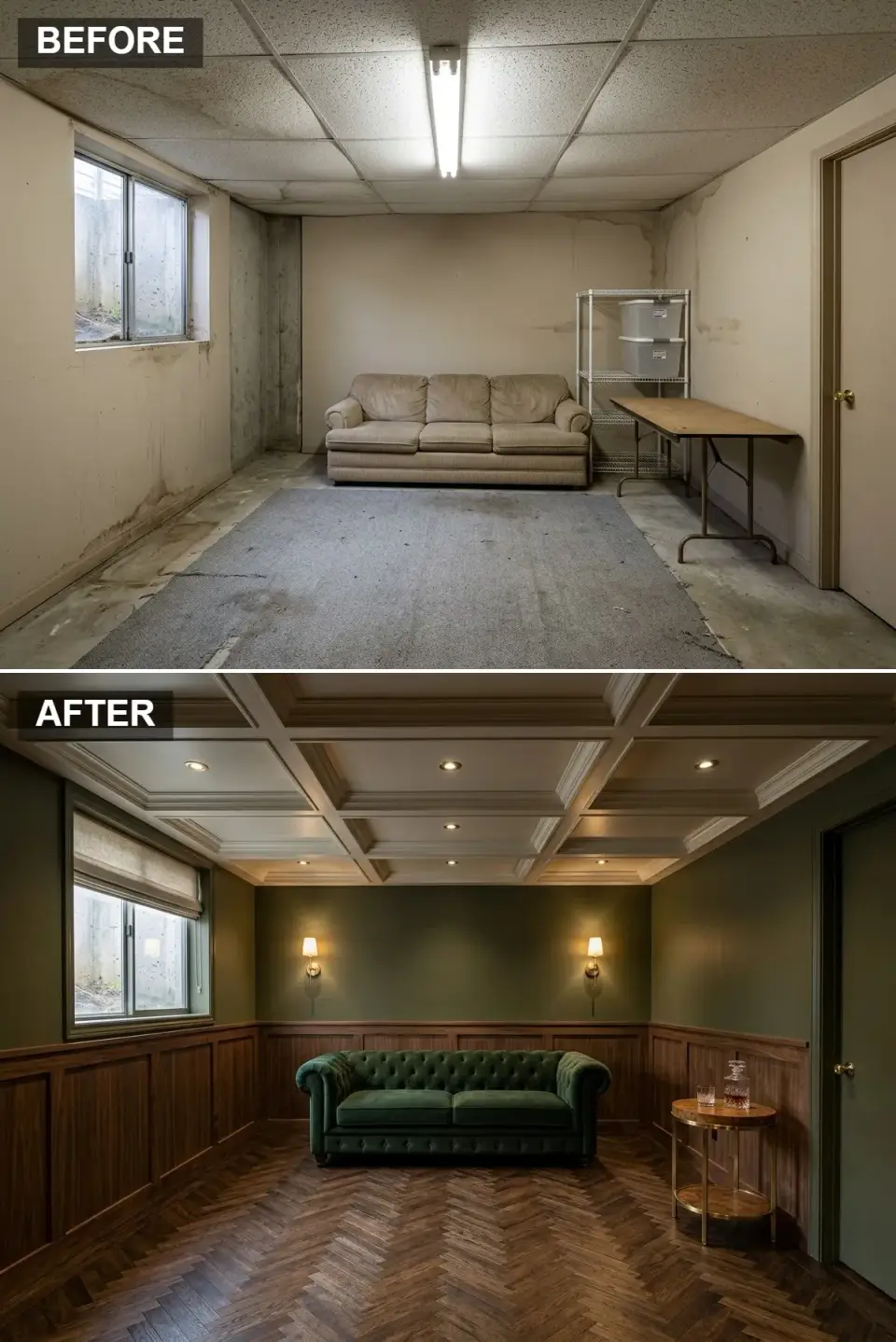 Old-world basement library with walnut wainscoting, coffered ceiling and emerald Chesterfield sofa