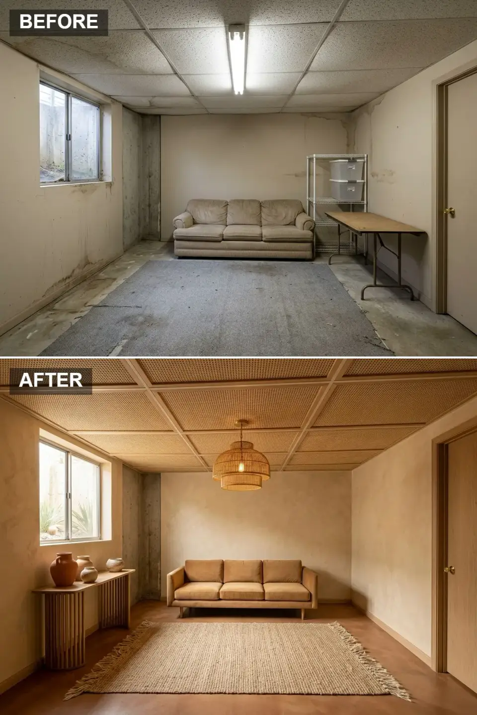 Bohemian desert basement with terracotta microcement floor, cane ceiling and ochre linen sofa