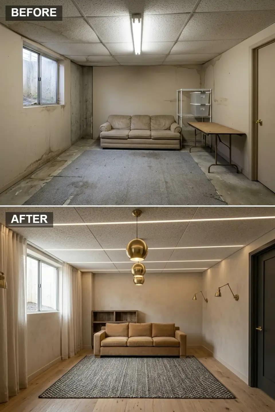 Contemporary basement lounge with linear LED ceiling, brass globe pendants and camel velvet sofa