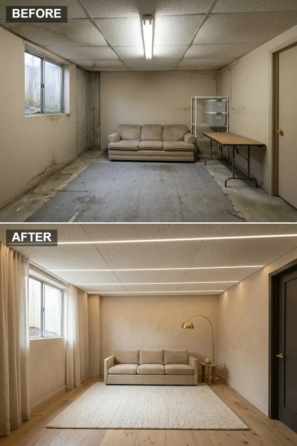 Scandinavian basement retreat with ivory walls, bleached oak floor and brass arc lamp