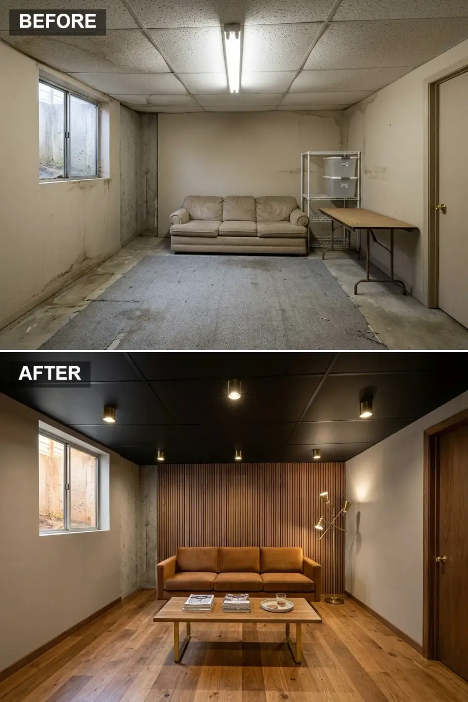 Moody basement lounge with black ceiling, walnut slat wall and caramel velvet sofa