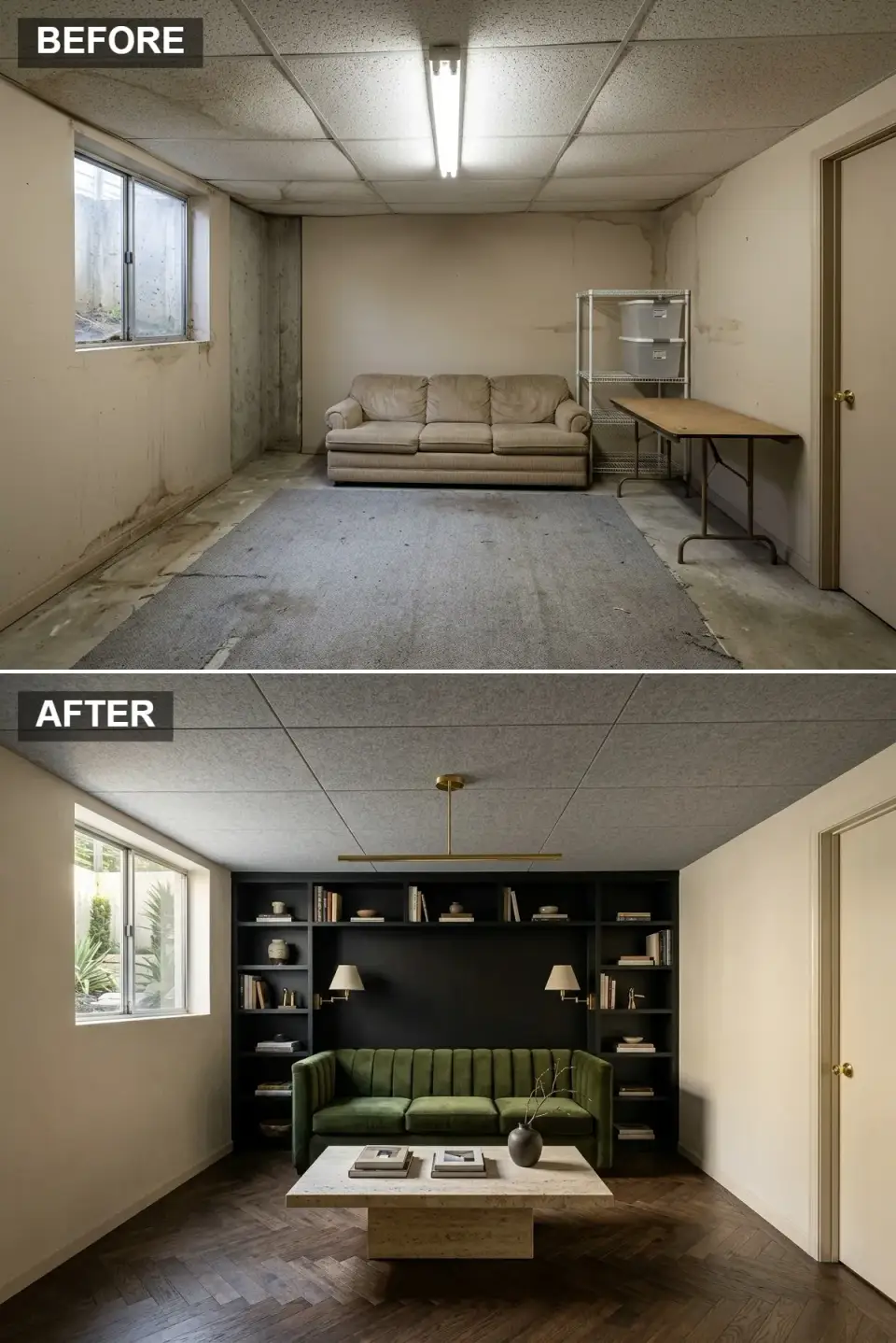 Contemporary basement library with matte-black built-in bookcase and forest-green sofa