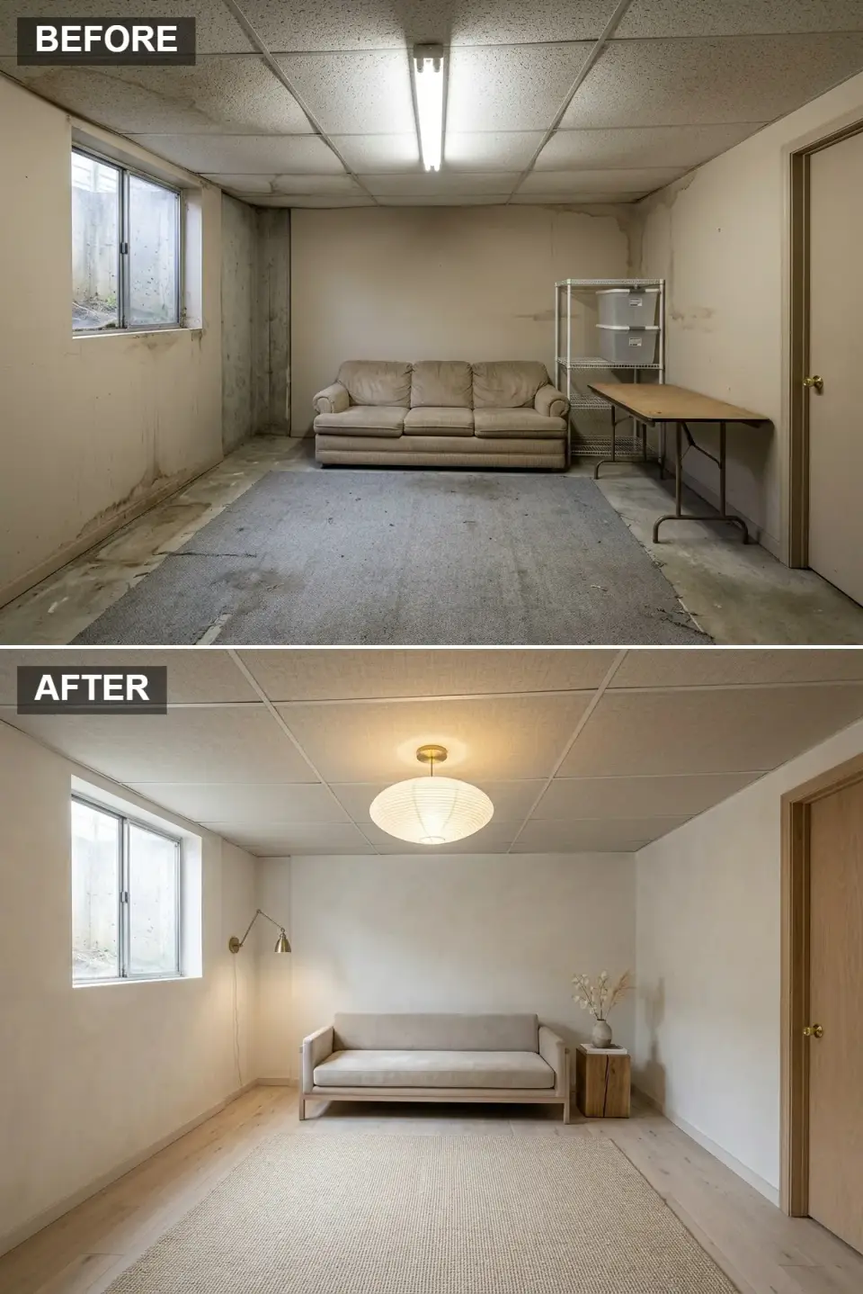 Bright minimalist basement with warm white walls, bleached oak floor and paper lantern light