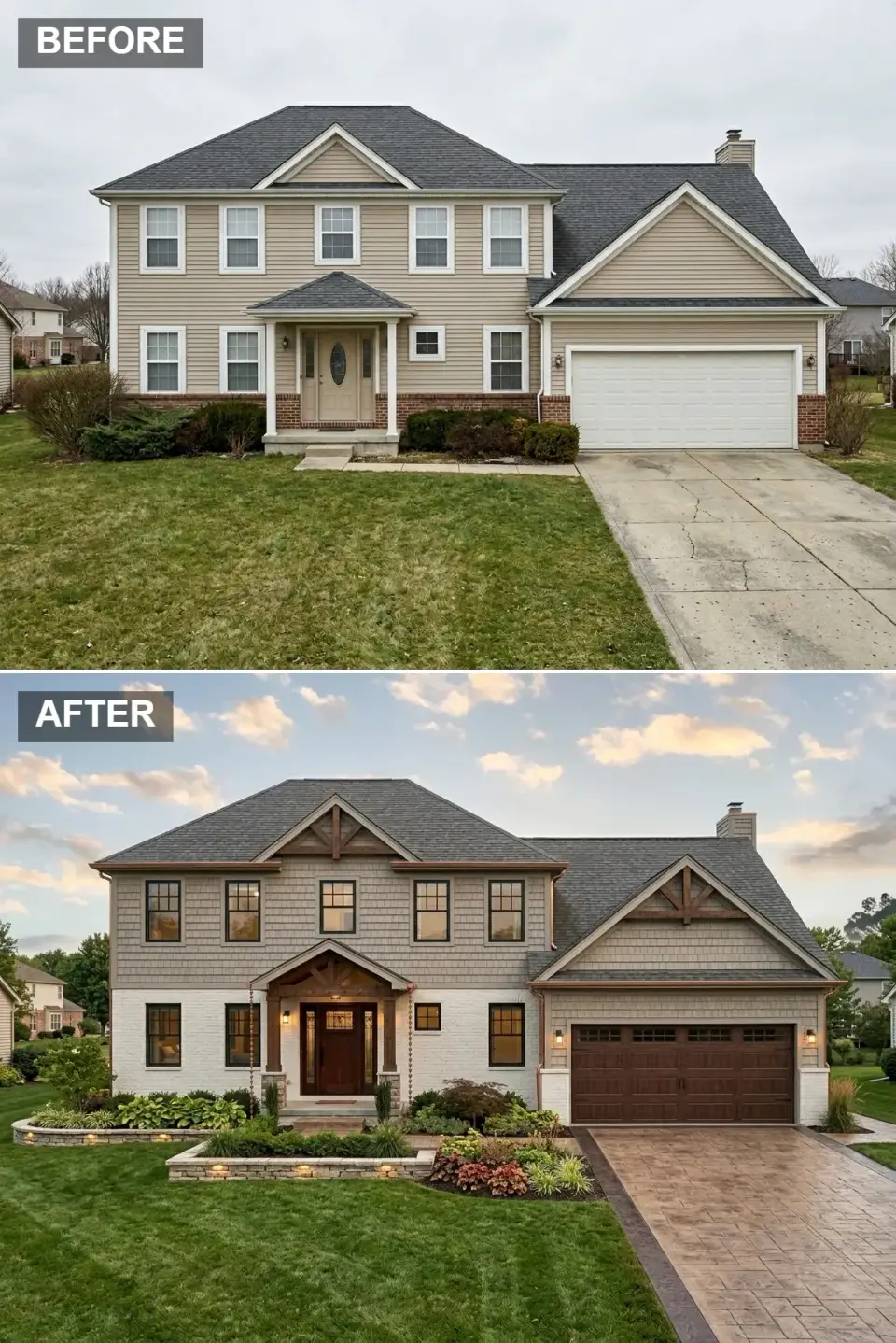 Shingle-style craftsman exterior transformation with grey cedar shingles whitewashed brick walnut door and travertine pavers