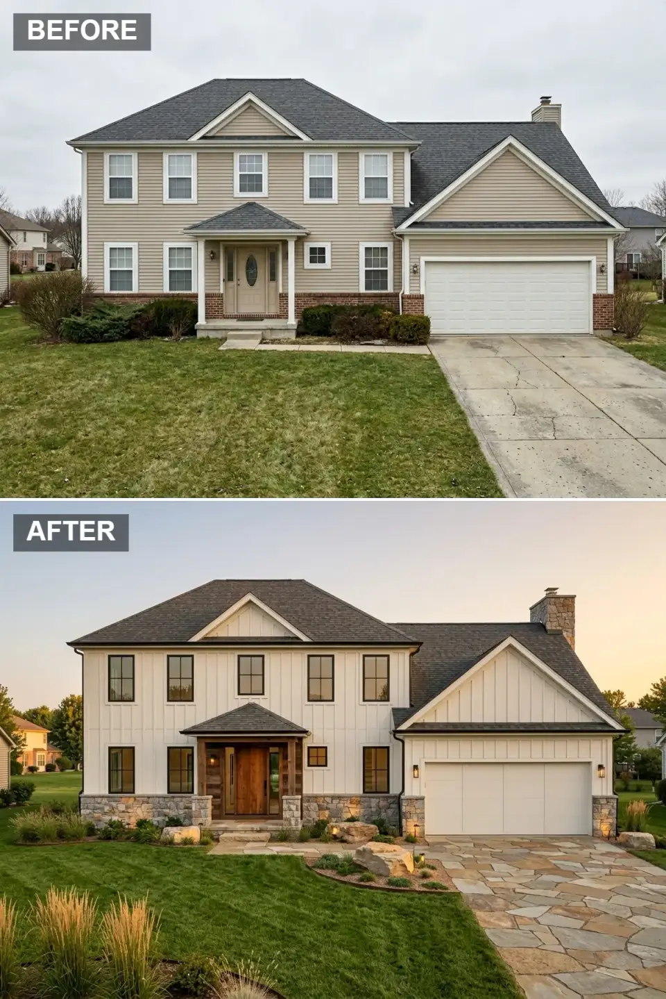 Rustic farmhouse exterior with white board and batten fieldstone mosaic base cedar door glass sidelights flagstone path boulders and grasses