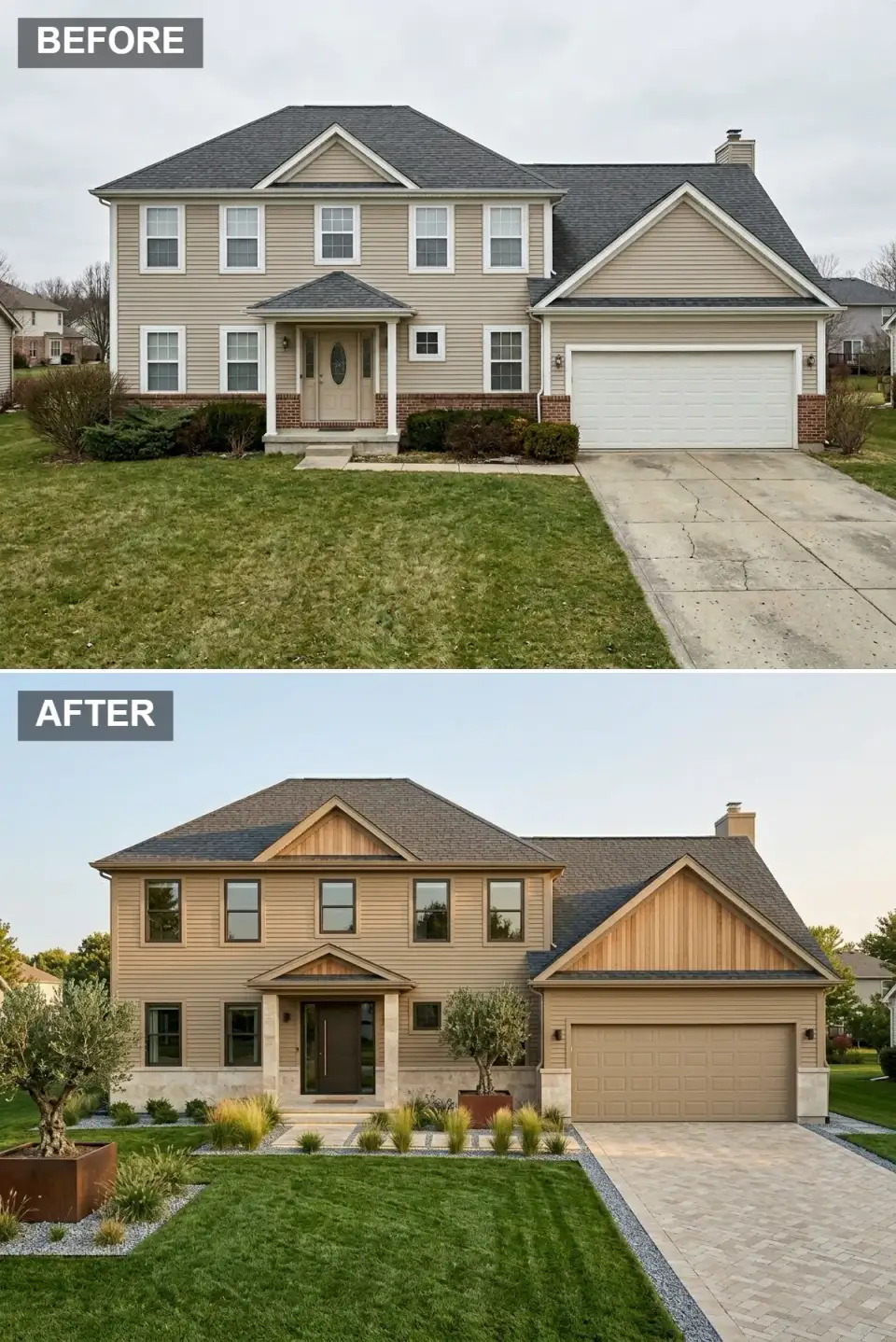 Organic modern exterior with natural cedar horizontal siding pale limestone base bronze door olive trees in corten planters and cream porcelain pavers