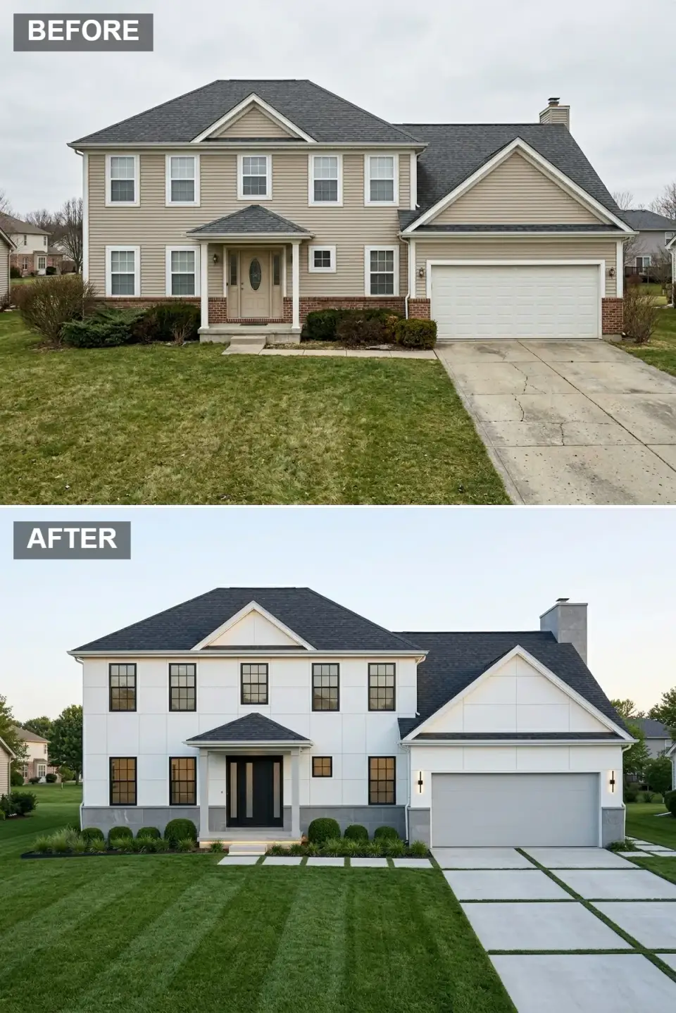 Ultra modernist exterior with large format white panels honed grey stone base black pivot door grass joint concrete driveway and disciplined boxwood line