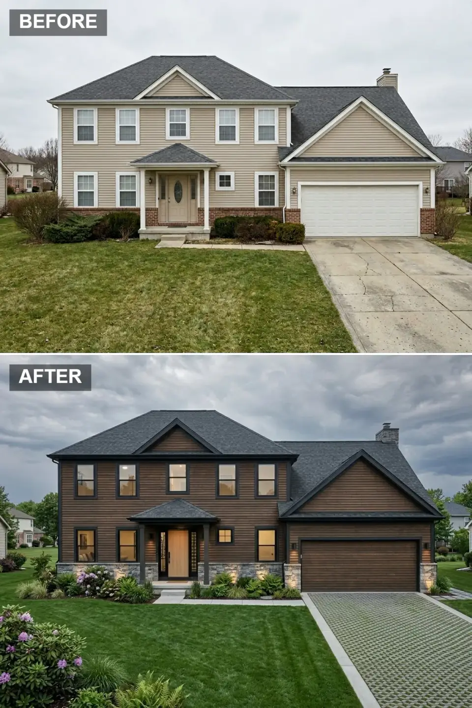 Mountain modern exterior with espresso horizontal siding grey stacked stone base black windows pale oak pivot door and permeable pavers