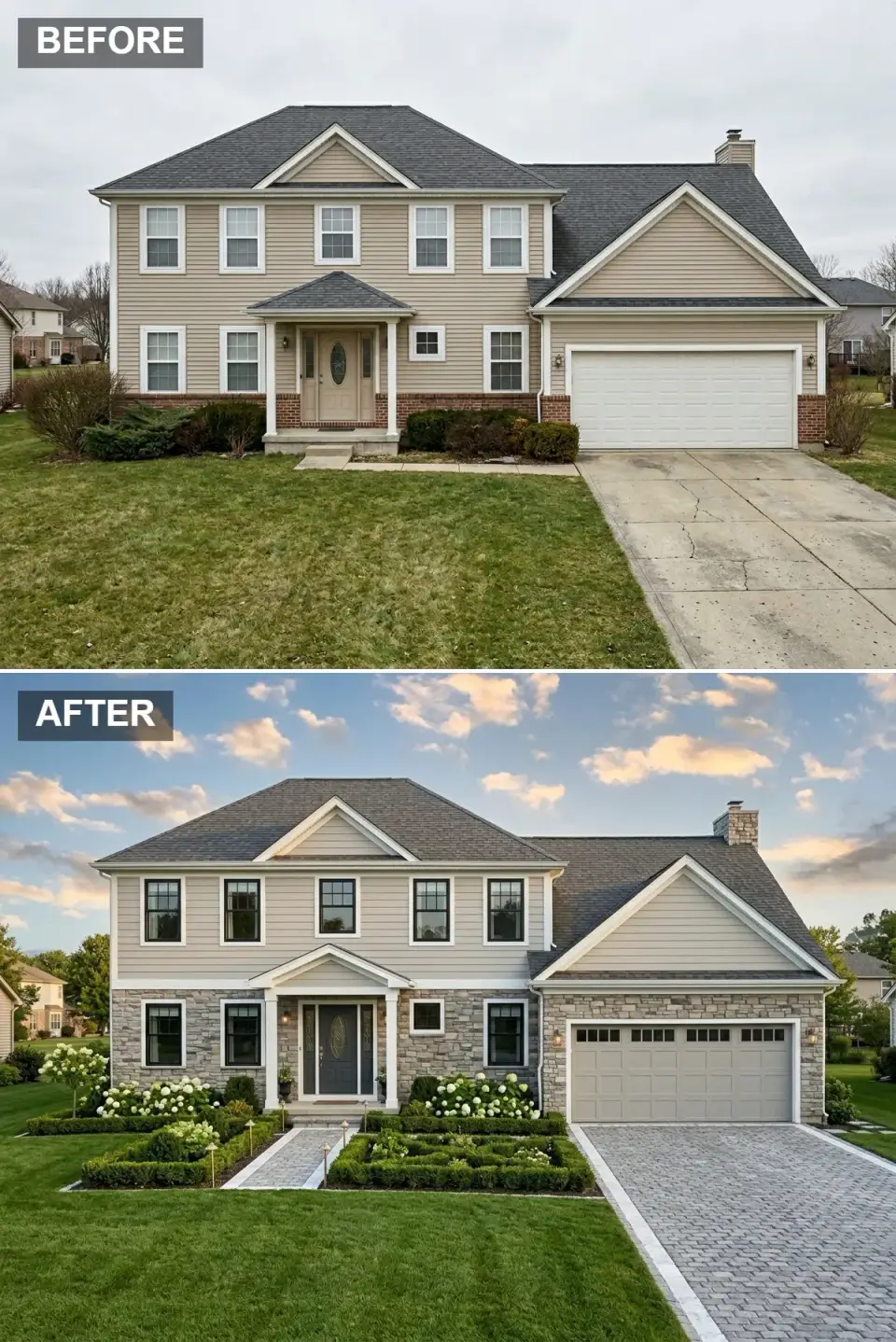 Grand traditional manor exterior with variegated stone veneer soft grey clapboard charcoal door herringbone bluestone driveway and parterre garden