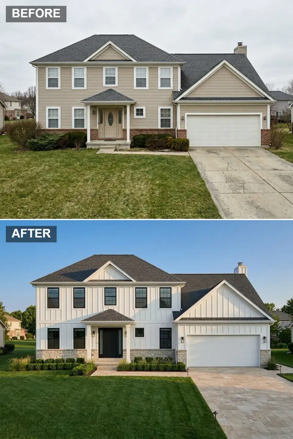 Coastal farmhouse with bright white board and batten warm limestone water table black framed windows and travertine paver driveway
