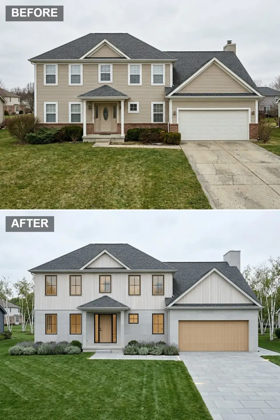 Nordic minimalist exterior with pale grey stucco ash vertical siding bleached oak doors bronze framed windows and birch grove