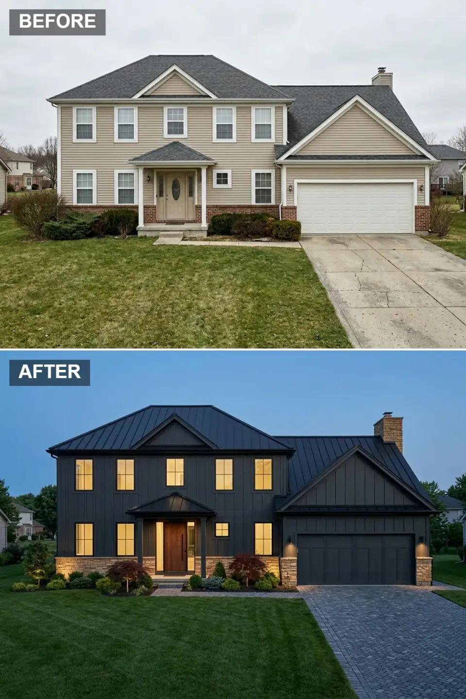 Nocturnal black modern farmhouse exterior with matte black board and batten standing seam metal roof teak entry door amber stone base and Japanese maples