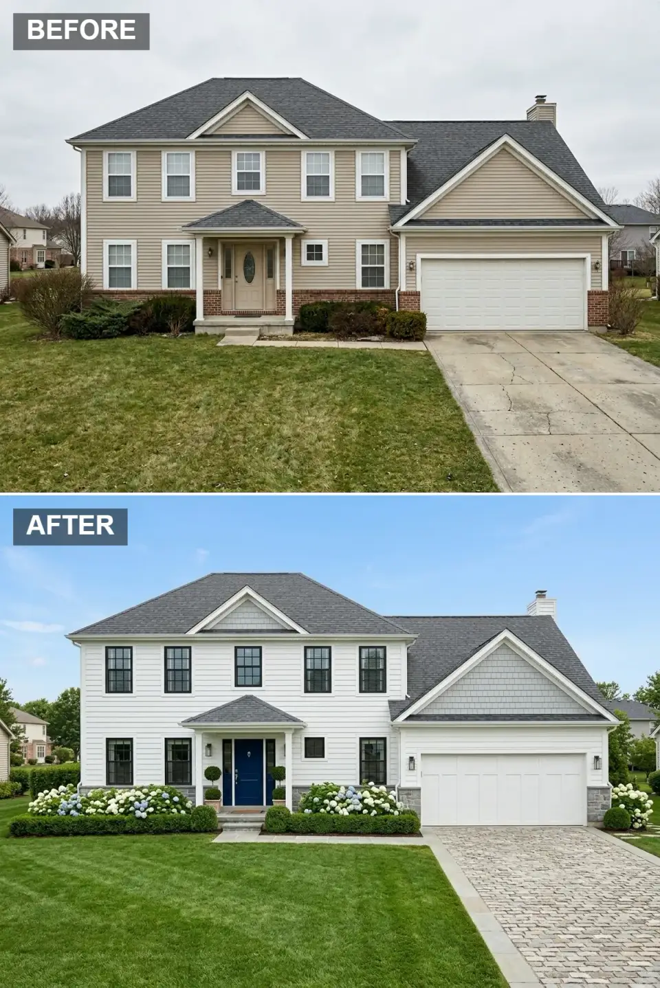 Hamptons coastal colonial with crisp white clapboard granite water table glossy navy door cobblestone driveway and blue hydrangea hedges