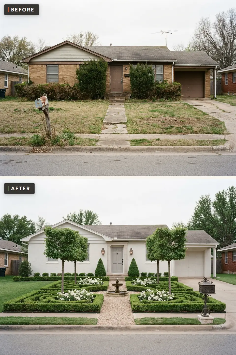 Before and after of a 1970s brick ranch front yard redesigned as a formal French parterre with clipped boxwood knot beds, white roses, a central stone fountain, a pea gravel walk, two standard trees, cone-shaped evergreens and a grey front door