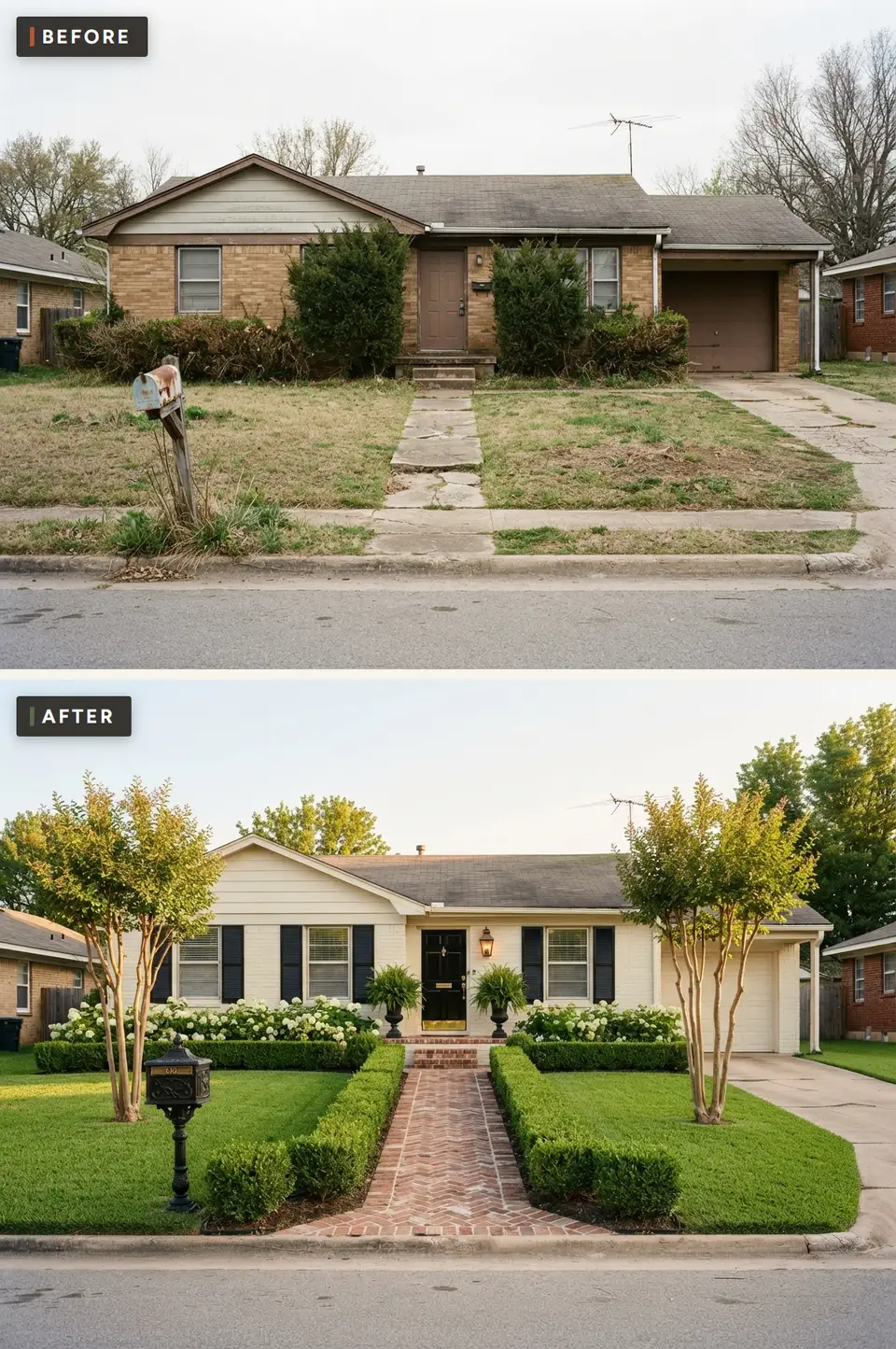 Before and after of a 1970s brick ranch front yard landscaped in a Southern traditional style with a herringbone brick walk, clipped boxwood hedges, white hydrangeas, two crepe myrtles and a glossy black front door