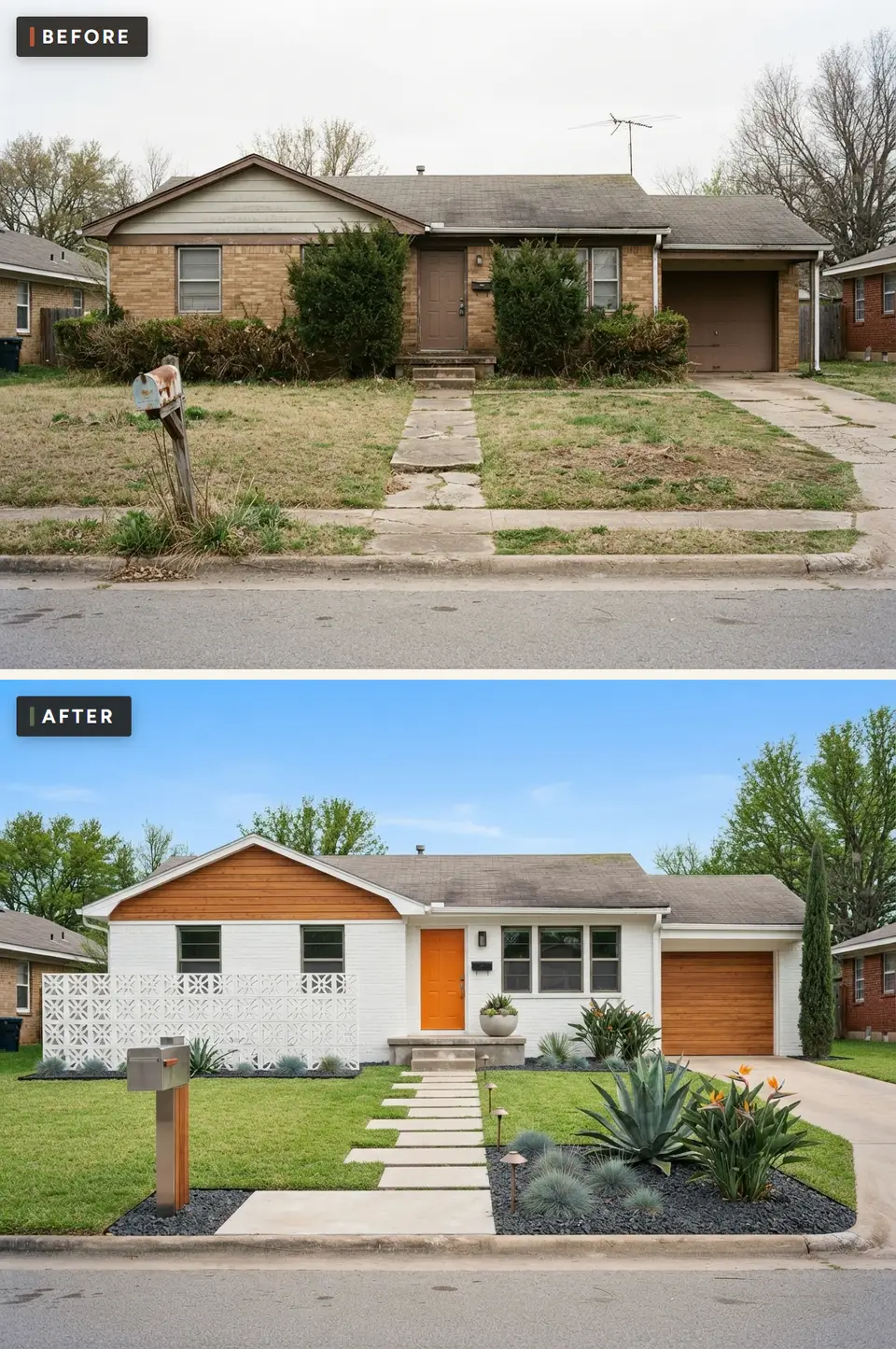 Before and after of a 1970s ranch with a mid-century modern front yard including a white breeze-block screen wall, an orange front door, a cedar-clad gable, offset concrete pavers, agave and bird of paradise in black lava rock and a tall slender cypress